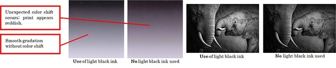 Comparison images with and without light black ink.