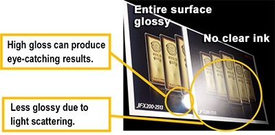 Entire surface glossy: High gloss can produce eyecatching results. No clear ink: Less glossy due to light scattering.